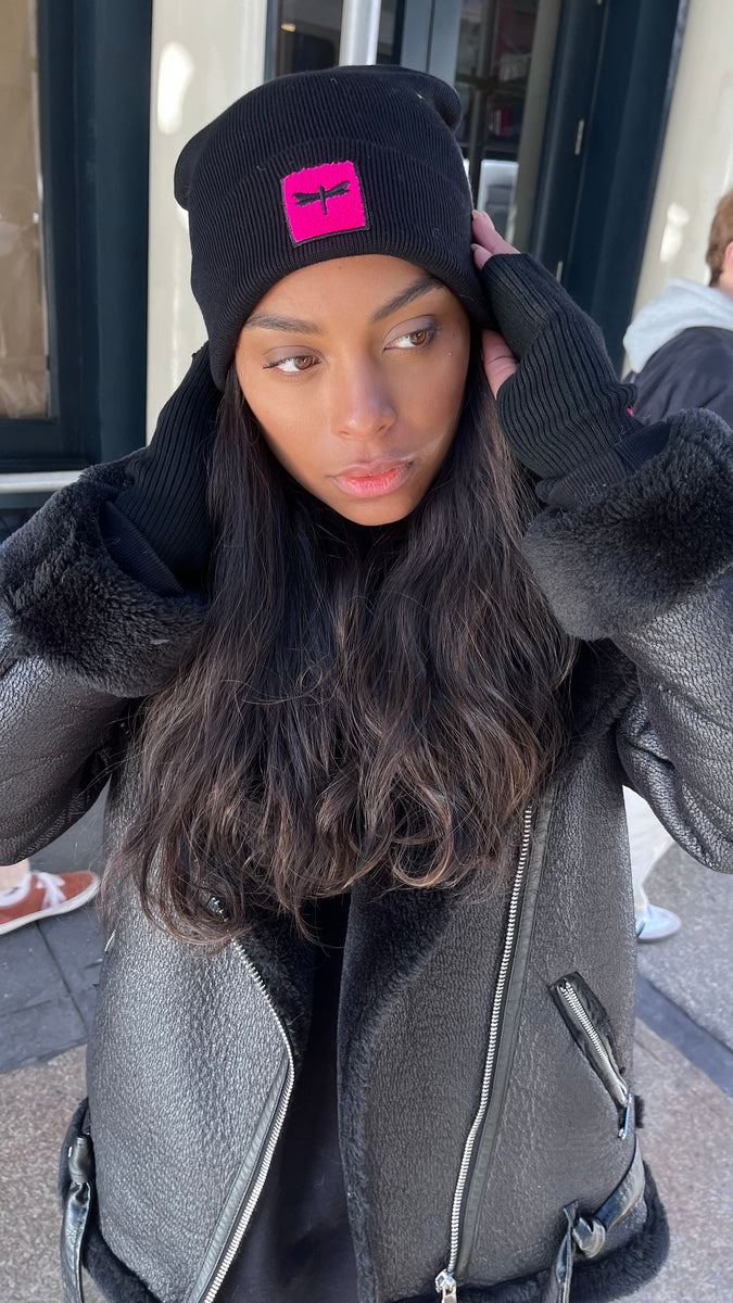 New* Black Sherpa Logo Beanies - Hot Pink + Taupe Logo* – TAL NEW YORK