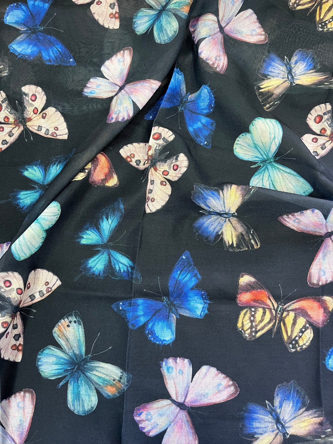 100% Silk Scarf – Black With Colorful Butterfly Print, Lightweight Satin For Women