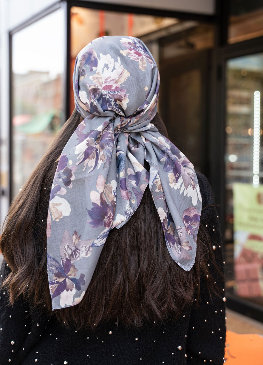 Dusky Gray Floral Scarf (Pretied, Square Scarf + Bandana) – TAL