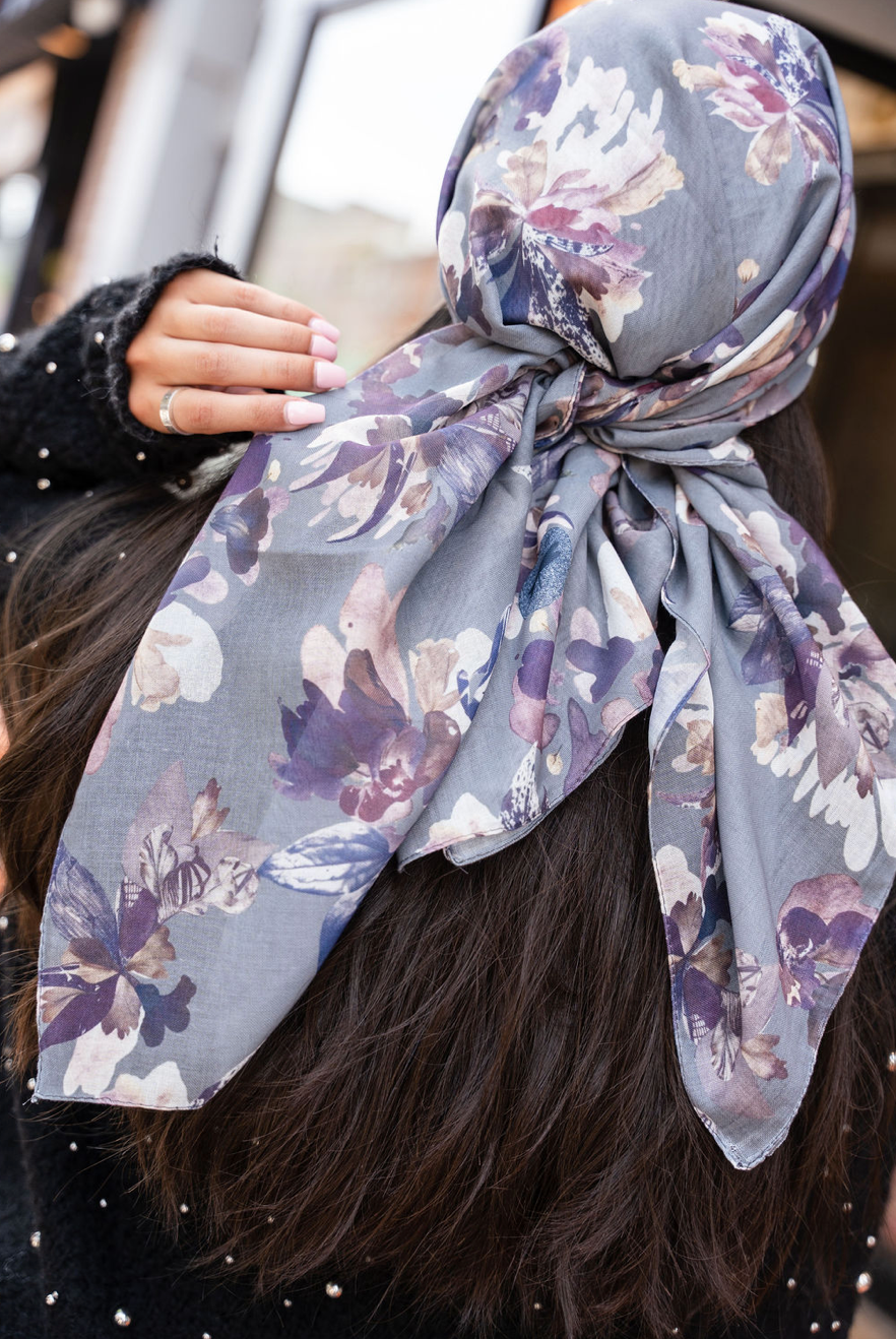 Dusky Gray Floral Scarf (Pretied, Square Scarf + Bandana) – TAL